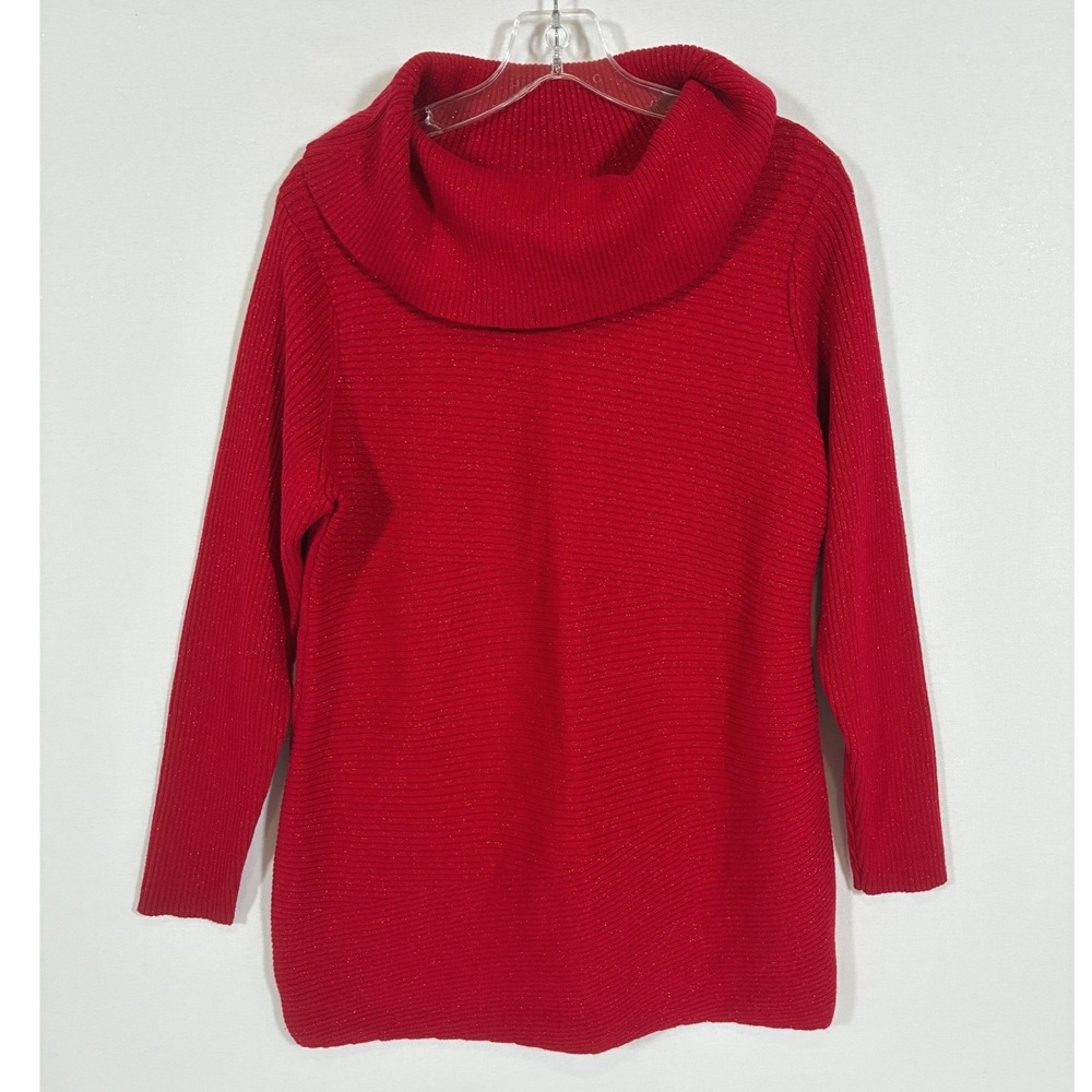 Alfani Petite Womens PM Red Metallic Shimmer Ribbed Cowl Neck Sweater